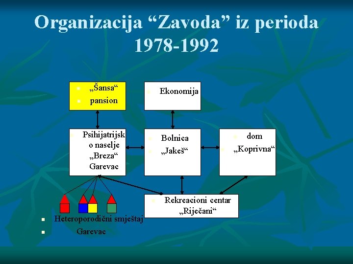 Organizacija “Zavoda” iz perioda 1978 -1992 n n n „Šansa“ pansion Psihijatrijsk o naselje