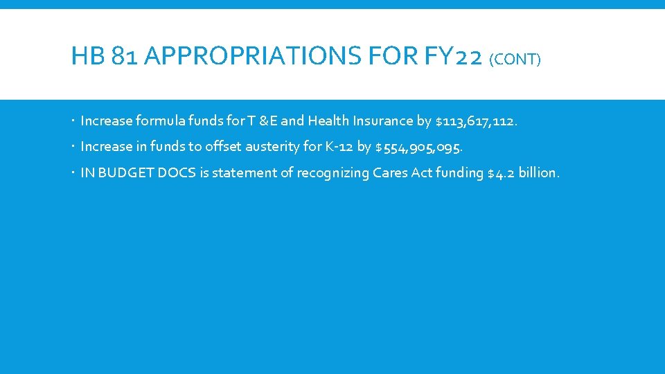 HB 81 APPROPRIATIONS FOR FY 22 (CONT) Increase formula funds for T &E and