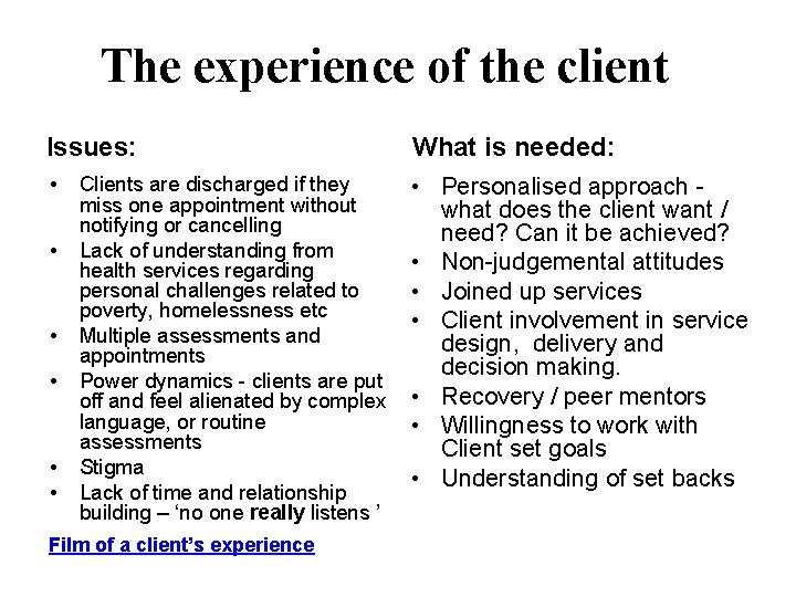The experience of the client Issues: What is needed: • • Personalised approach what