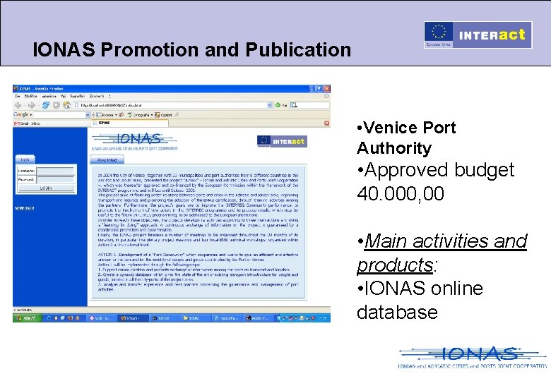 IONAS Promotion and Publication • Venice Port Authority • Approved budget 40. 000, 00