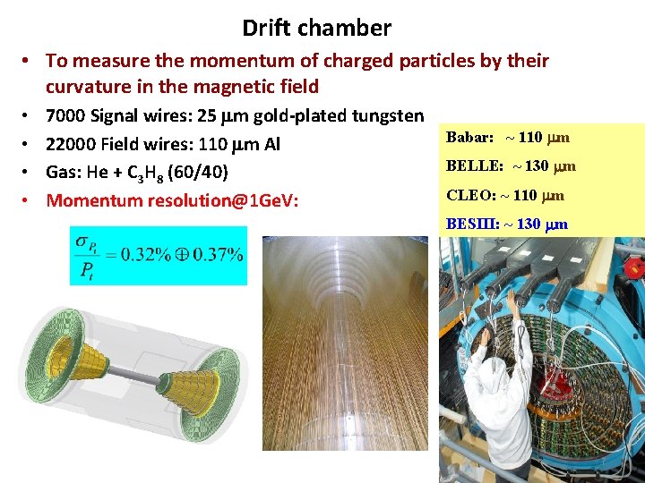 Drift chamber • To measure the momentum of charged particles by their curvature in