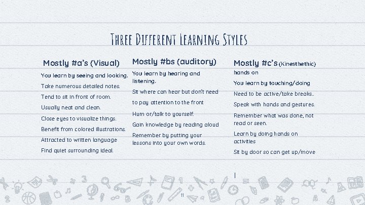 Three Different Learning Styles Mostly #a’s (Visual) Mostly #bs (auditory) You learn by seeing