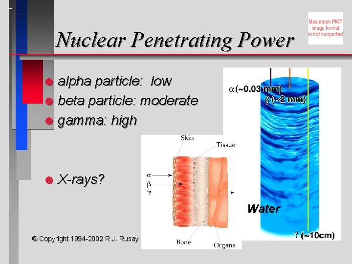 Nuclear Penetrating Power alpha particle: low ¥ beta particle: moderate ¥ gamma: high ¥ Nuclear Penetrating Power alpha particle: low ¥ beta particle: moderate ¥ gamma: high ¥