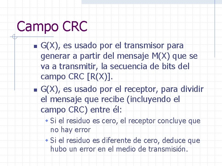 Campo CRC n n G(X), es usado por el transmisor para generar a partir