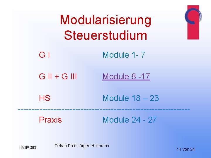 Modularisierung Steuerstudium GI Module 1 - 7 G II + G III Module 8