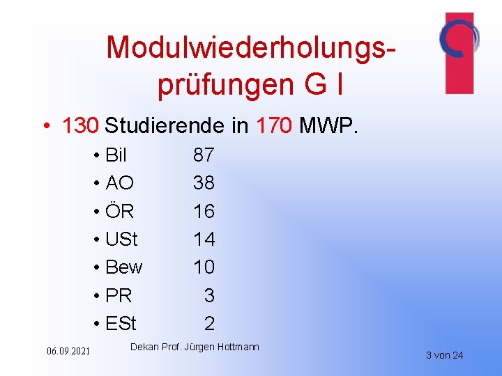 Modulwiederholungsprüfungen G I • 130 Studierende in 170 MWP. • Bil • AO •