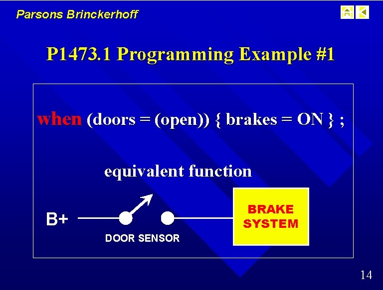 Parsons Brinckerhoff P 1473. 1 Programming Example #1 when (doors = (open)) { brakes