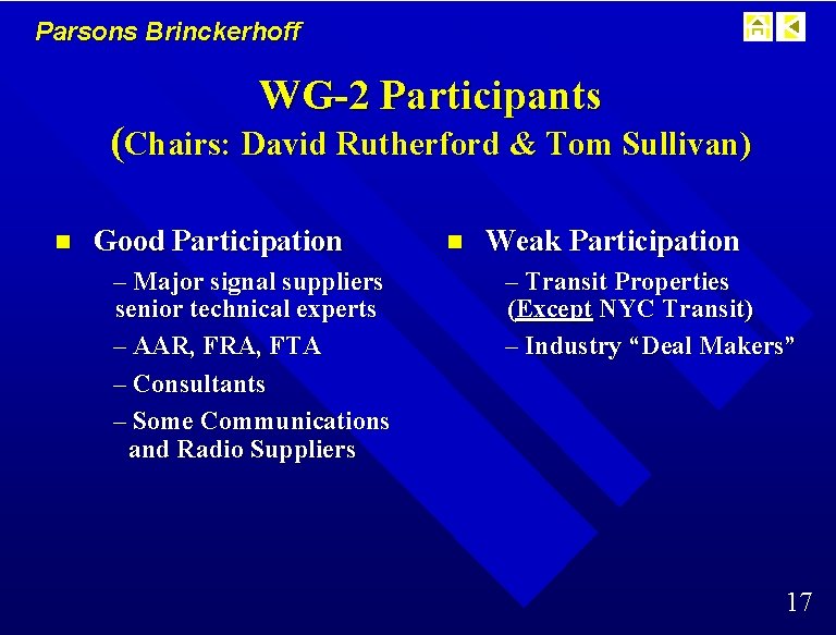 Parsons Brinckerhoff WG-2 Participants (Chairs: David Rutherford & Tom Sullivan) n Good Participation –