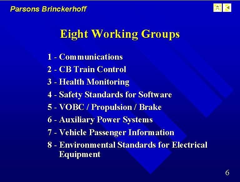 Parsons Brinckerhoff Eight Working Groups 1 - Communications 2 - CB Train Control 3