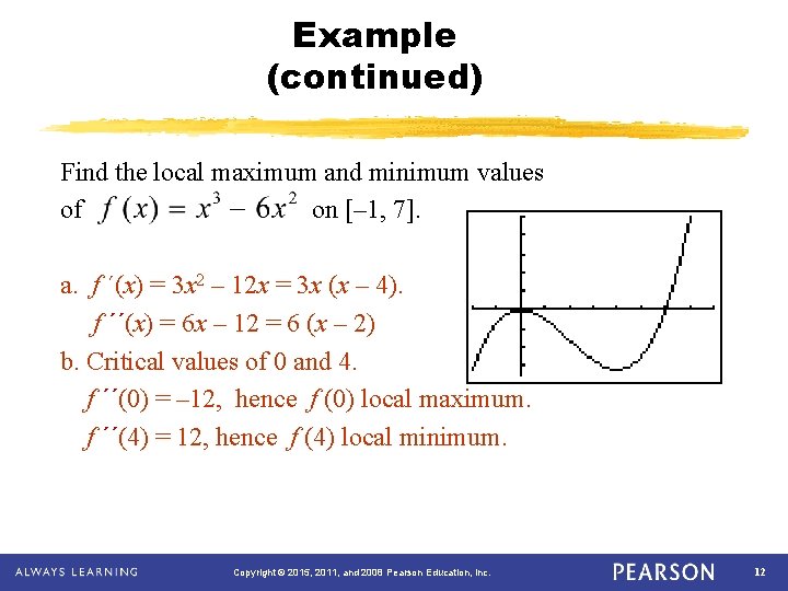 Example (continued) Find the local maximum and minimum values of on [– 1, 7].