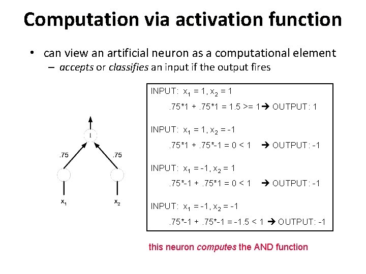 Computation via activation function • can view an artificial neuron as a computational element