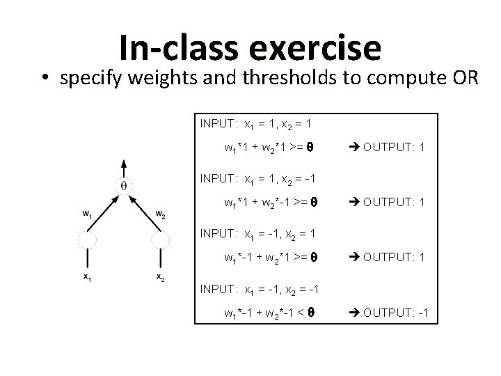 In-class exercise • specify weights and thresholds to compute OR INPUT: x 1 =