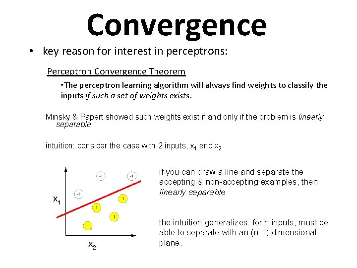 Convergence • key reason for interest in perceptrons: Perceptron Convergence Theorem • The perceptron