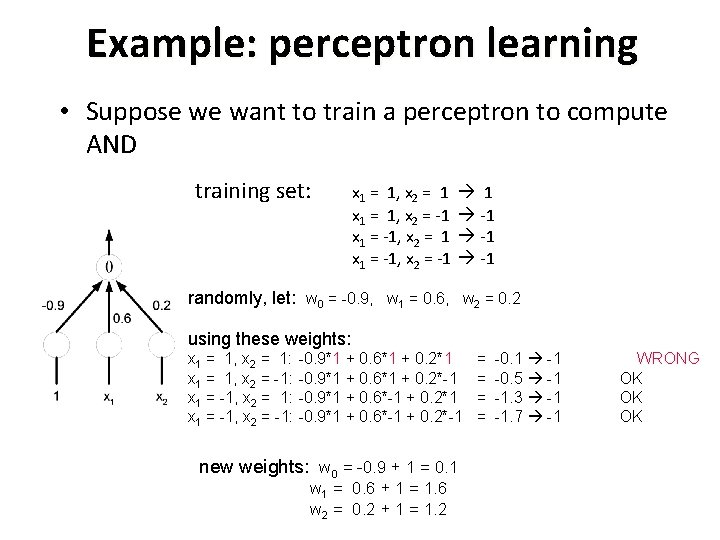 Example: perceptron learning • Suppose we want to train a perceptron to compute AND