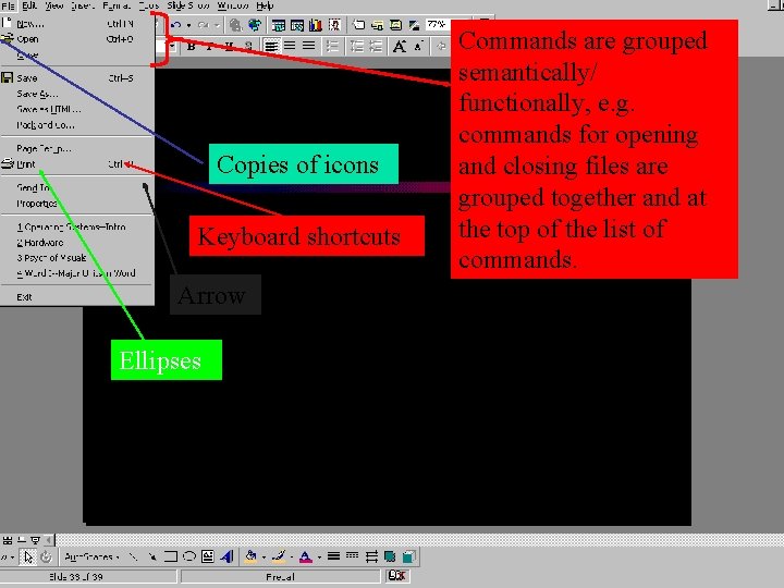 Copies of icons Keyboard shortcuts Arrow Ellipses Commands are grouped semantically/ functionally, e. g.