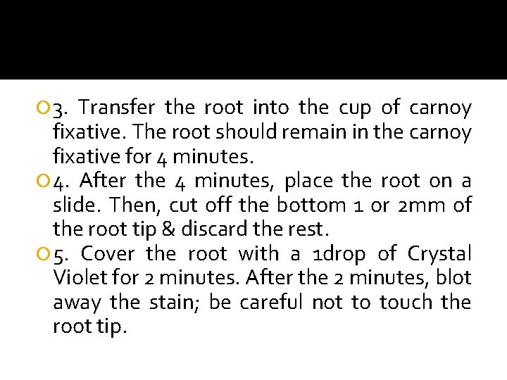  3. Transfer the root into the cup of carnoy fixative. The root should
