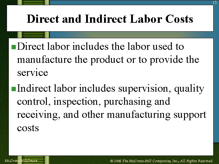 15 Direct and Indirect Labor Costs n Direct labor includes the labor used to