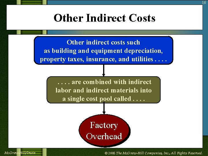 16 Other Indirect Costs Other indirect costs such as building and equipment depreciation, property