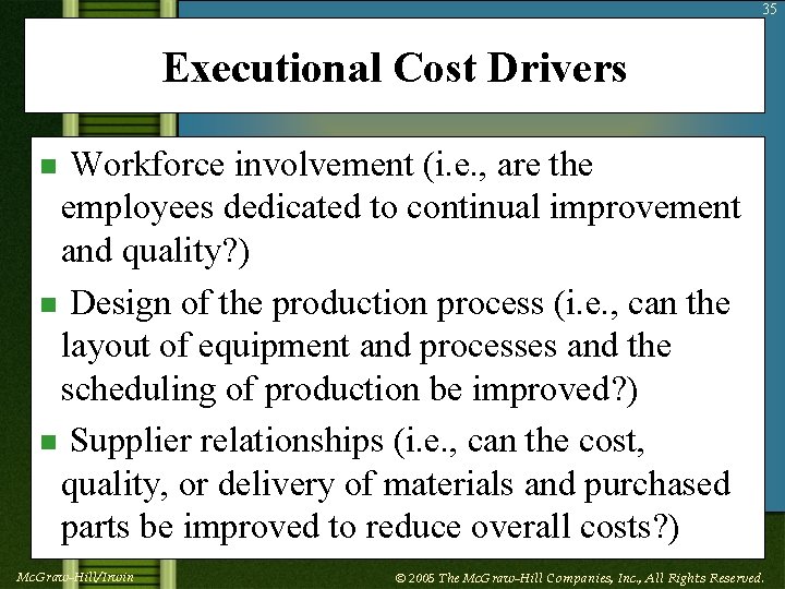 35 Executional Cost Drivers Workforce involvement (i. e. , are the employees dedicated to