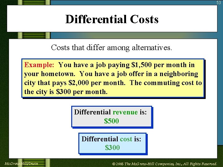 53 Differential Costs that differ among alternatives. Example: You have a job paying $1,