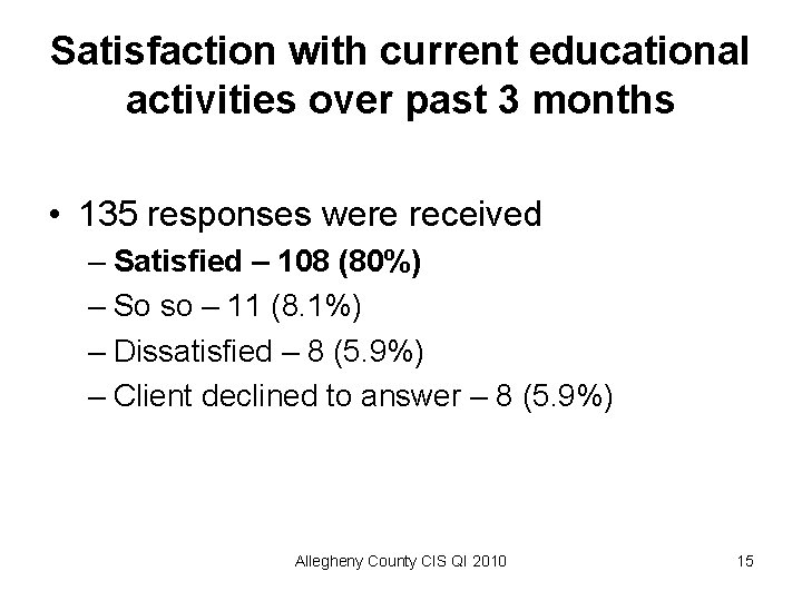 Satisfaction with current educational activities over past 3 months • 135 responses were received