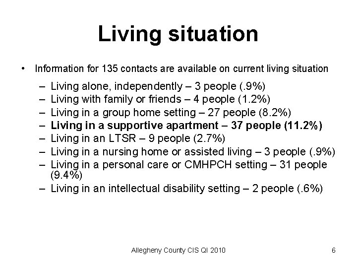 Living situation • Information for 135 contacts are available on current living situation –