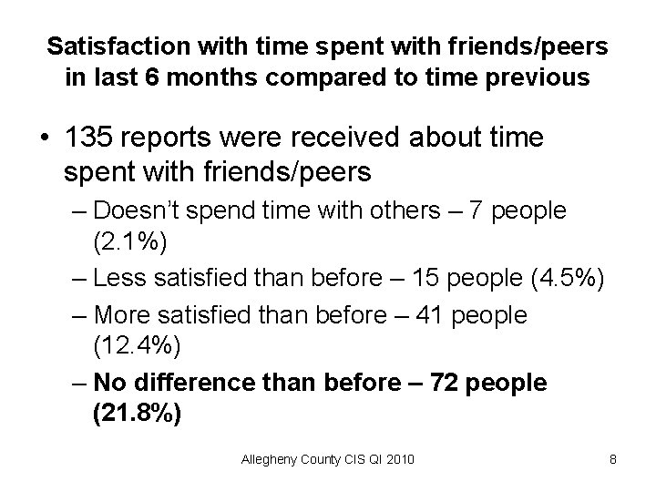 Satisfaction with time spent with friends/peers in last 6 months compared to time previous