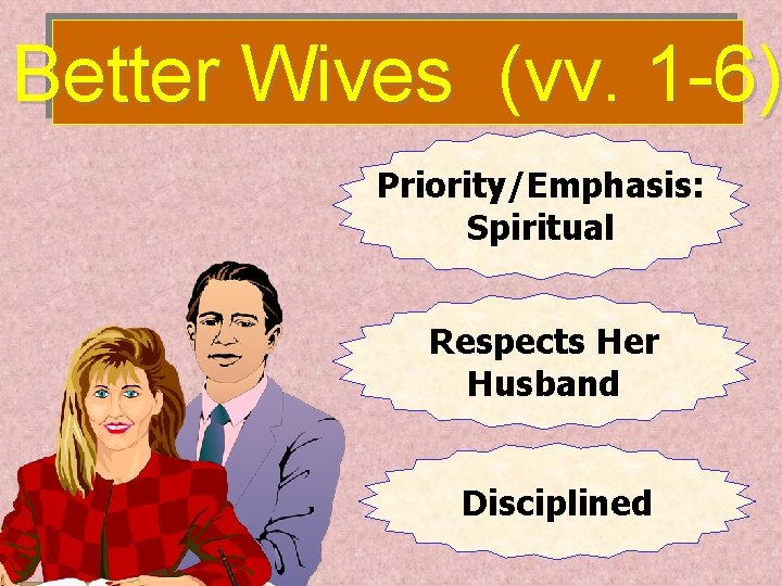 Better Wives (vv. 1 -6) Priority/Emphasis: Spiritual Respects Her Husband Disciplined 