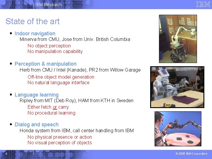 IBM Research State of the art § Indoor navigation Minerva from CMU, Jose from