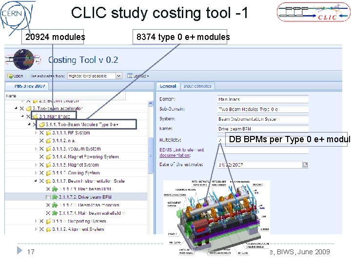 CLIC study costing tool -1 20924 modules 8374 type 0 e+ modules DB BPMs