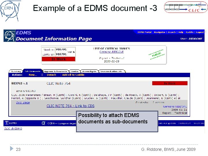 Example of a EDMS document -3 Possibility to attach EDMS documents as sub-documents 23