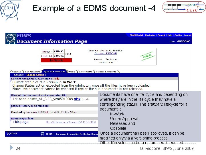 Example of a EDMS document -4 24 Documents have one life-cycle and depending on