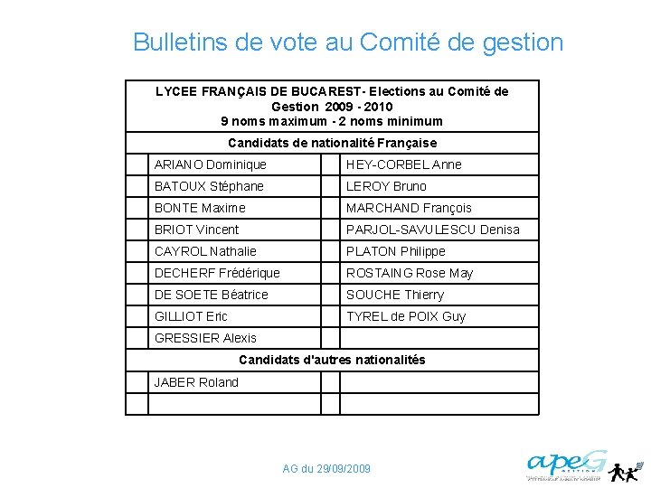 Bulletins de vote au Comité de gestion LYCEE FRANÇAIS DE BUCAREST- Elections au Comité