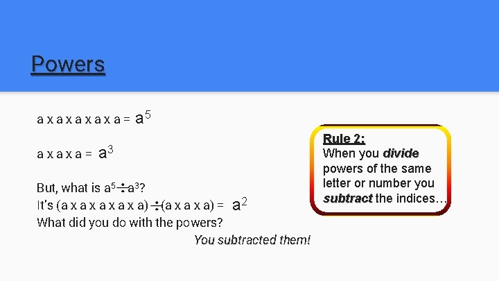 Powers axaxa= a 5 a 3 But, what is a 5 a 3? It’s