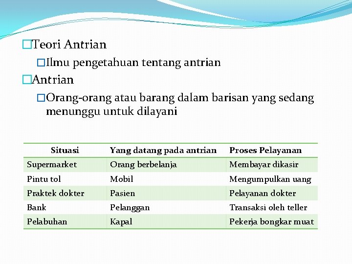 �Teori Antrian �Ilmu pengetahuan tentang antrian �Antrian �Orang-orang atau barang dalam barisan yang sedang