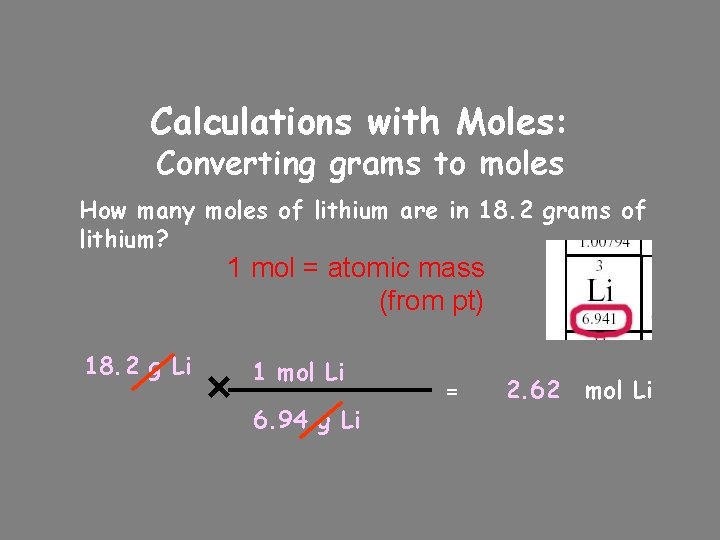 Calculations with Moles: Converting grams to moles How many moles of lithium are in