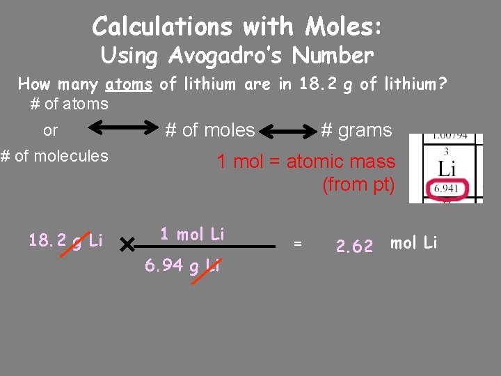 Calculations with Moles: Using Avogadro’s Number How many atoms of lithium are in 18.