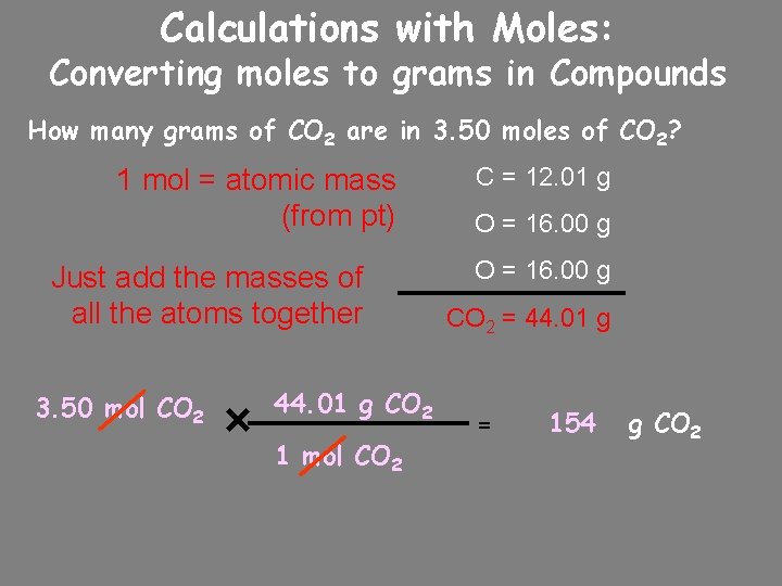 Calculations with Moles: Converting moles to grams in Compounds How many grams of CO