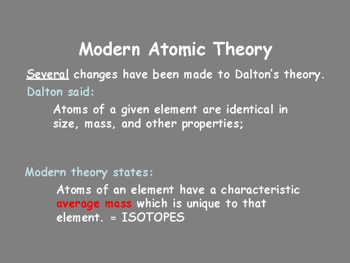 Modern Atomic Theory Several changes have been made to Dalton’s theory. Dalton said: Atoms