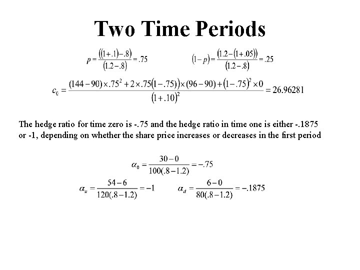 Two Time Periods The hedge ratio for time zero is -. 75 and the