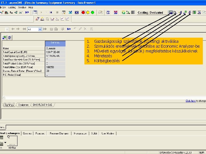 1. 2. 3. 4. 5. Gazdaságossági számítások (Costing) aktiválása Szimulációs eredmények betöltése az Economic