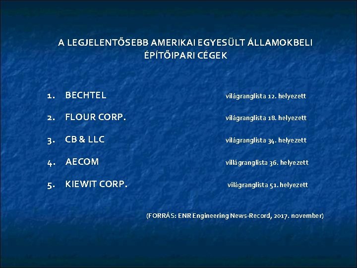 A LEGJELENTŐSEBB AMERIKAI EGYESÜLT ÁLLAMOKBELI ÉPÍTŐIPARI CÉGEK 1. BECHTEL világranglista 12. helyezett 2. FLOUR