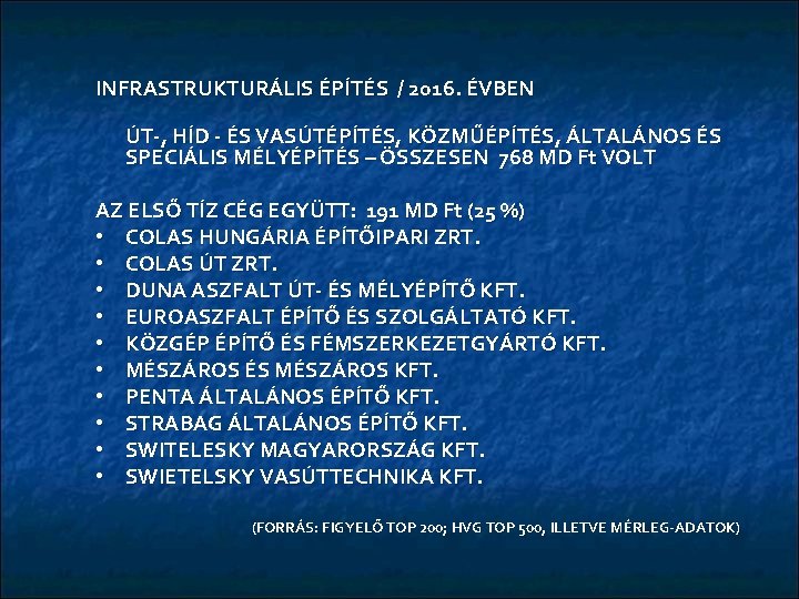 INFRASTRUKTURÁLIS ÉPÍTÉS / 2016. ÉVBEN ÚT-, HÍD - ÉS VASÚTÉPÍTÉS, KÖZMŰÉPÍTÉS, ÁLTALÁNOS ÉS SPECIÁLIS