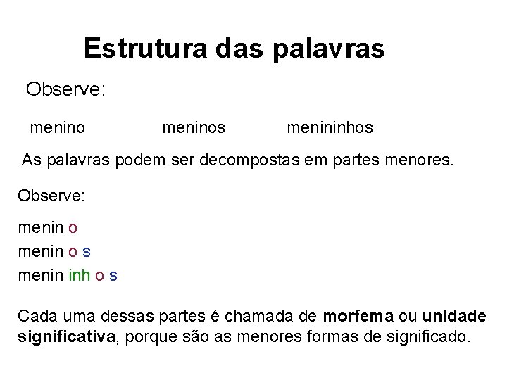 Estrutura das palavras Observe: meninos menininhos As palavras podem ser decompostas em partes menores.