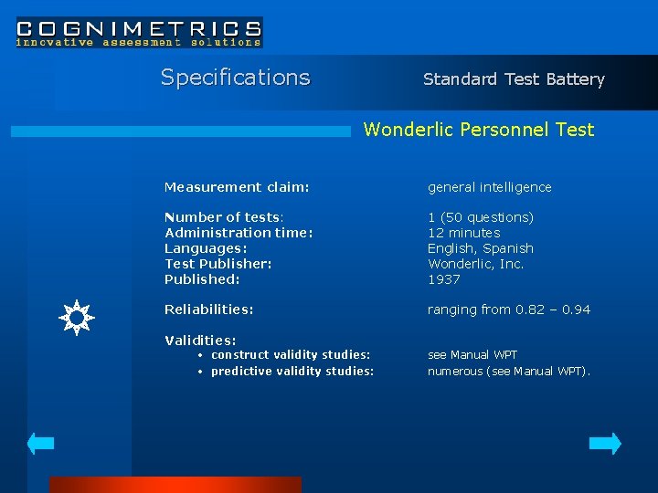 Specifications Standard Test Battery Wonderlic Personnel Test Measurement claim: general intelligence Number of tests: