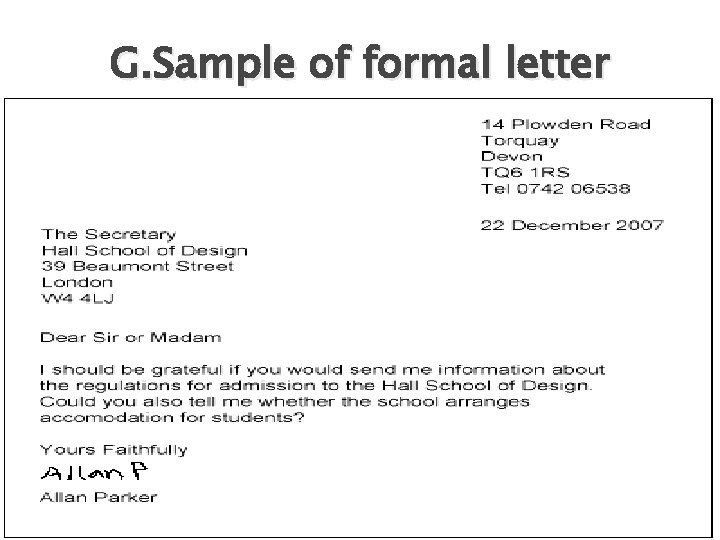 G. Sample of formal letter 