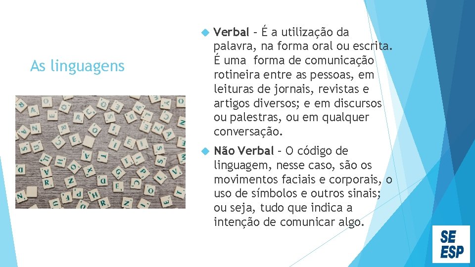  Verbal – É a utilização da palavra, na forma oral ou escrita. É