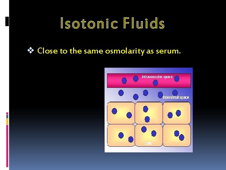 Isotonic Fluids v Close to the same osmolarity as serum. 