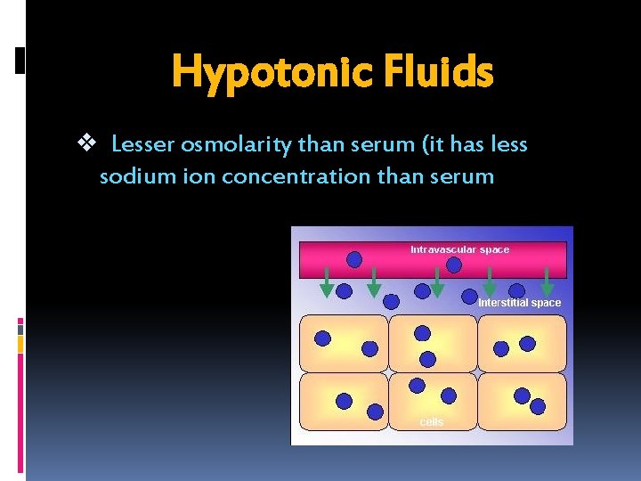 Hypotonic Fluids v Lesser osmolarity than serum (it has less sodium ion concentration than