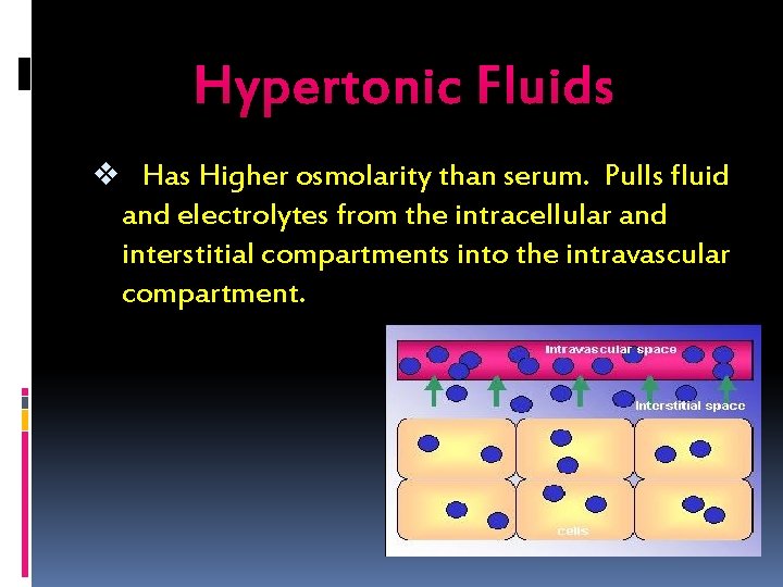 Hypertonic Fluids v Has Higher osmolarity than serum. Pulls fluid and electrolytes from the